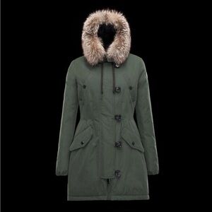 Moncler Olive Green Down Coat with Fox Fur Hood size 1